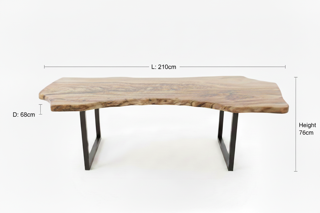 Live-edge timber coffee table with dimensions: Length 210cm, Width/Depth 68cm, Height 76cm