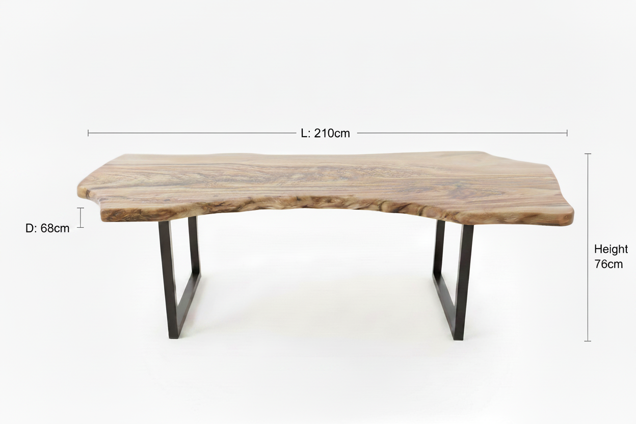 Live-edge timber coffee table with dimensions: Length 210cm, Width/Depth 68cm, Height 76cm
