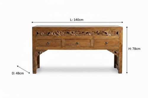 Balinese hand-carved timber buffet dimensions: Length 140cm, Depth 48cm, Height 78cm