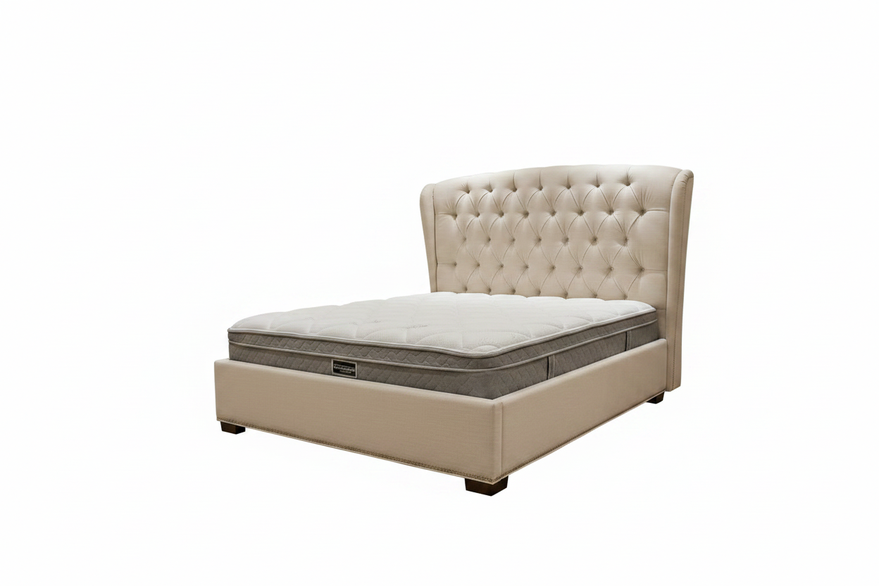 Pre-Loved Bed & Mattress -Tufted Winged Diamond Buttoned Headboard  with King Coil Mattress