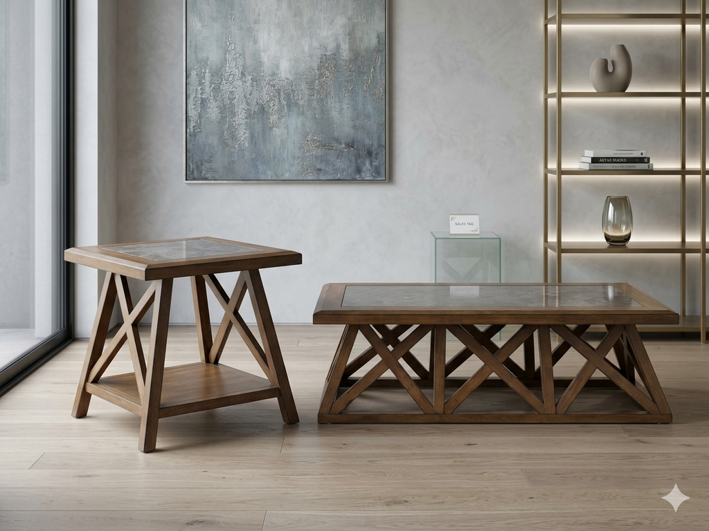 Farmhouse X-Frame Coffee & Side Table Set | Slate Insert Top