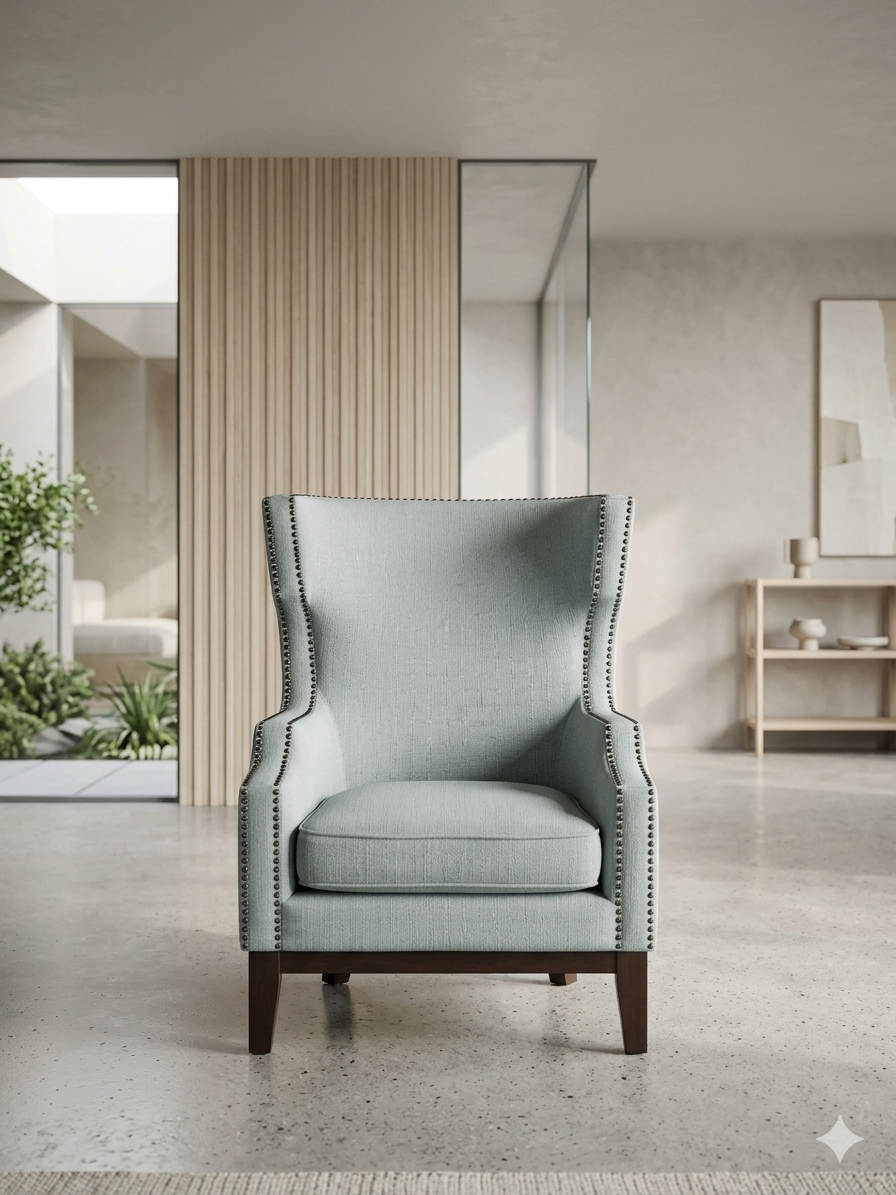 Wingback Armchair | Textured Linen with Nailhead Trim