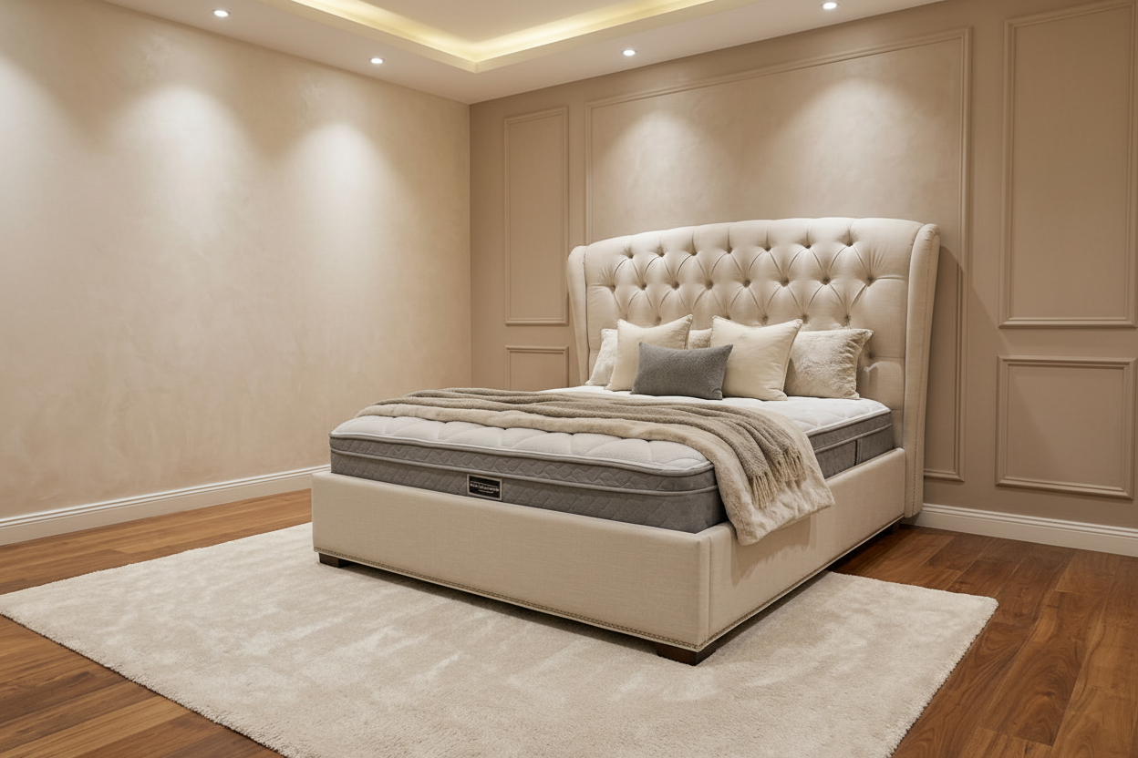 Pre-Loved Bed & Mattress -Tufted Winged Diamond Buttoned Headboard  with King Coil Mattress