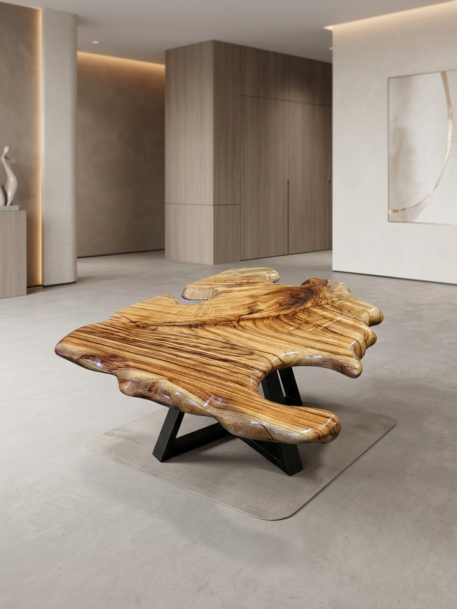 Handcrafted Camphor Laurel Live Edge Resin Coffee Table — Black Steel Base