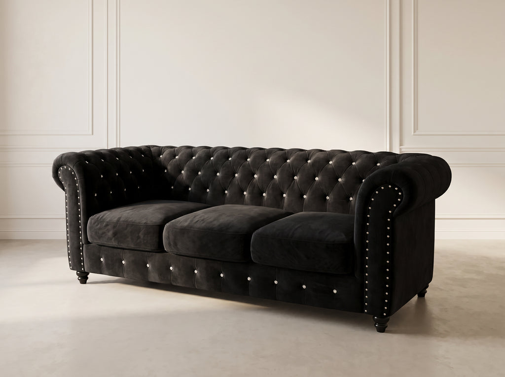 Preloved Black Velvet Chesterfield Sofa