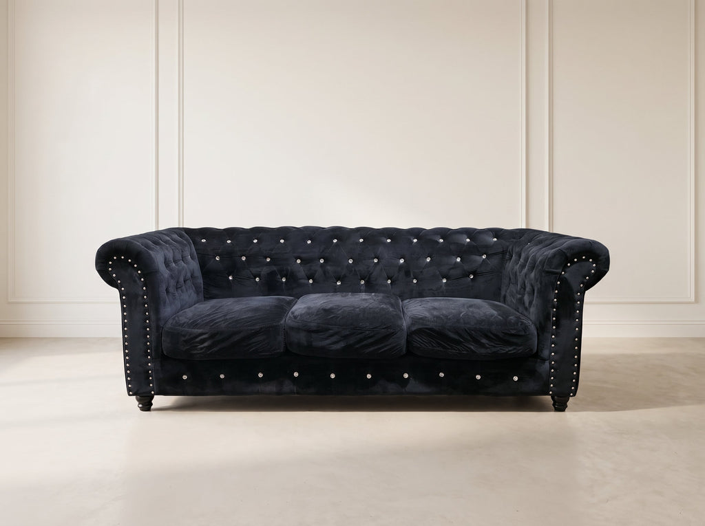 Preloved Black Velvet Chesterfield Sofa