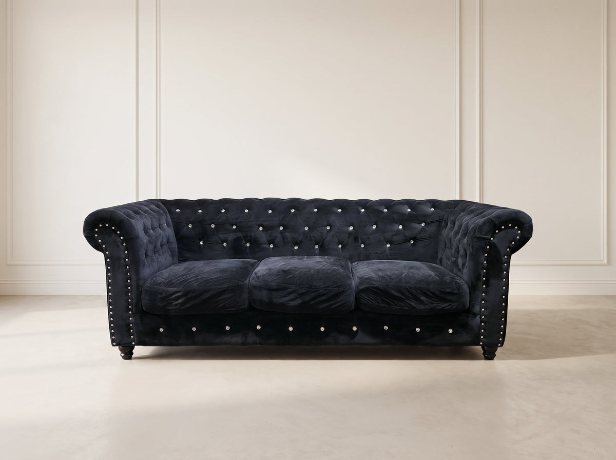 Preloved Black Velvet Chesterfield Sofa