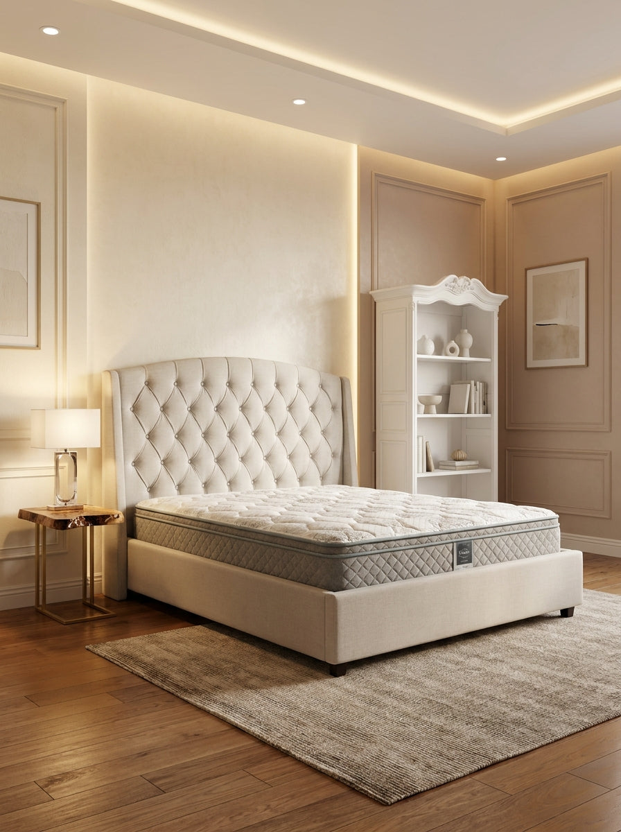 Pre-Loved Upholstered Diamond-Tufted Bed with King Coil Mattress