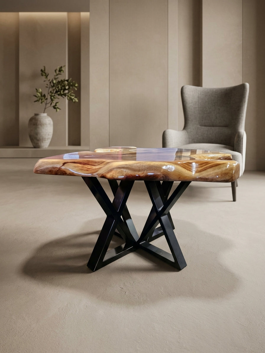 Handcrafted Camphor Laurel Live Edge Resin Coffee Table — Black Steel Base