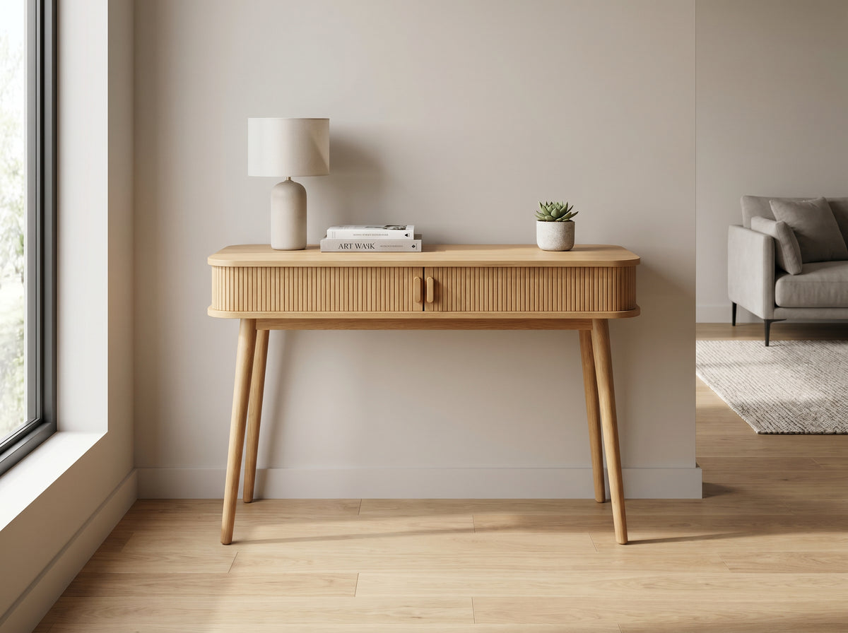 Pre-Loved Fluted Oak Console Desk — Drawer Storage & Tapered Legs